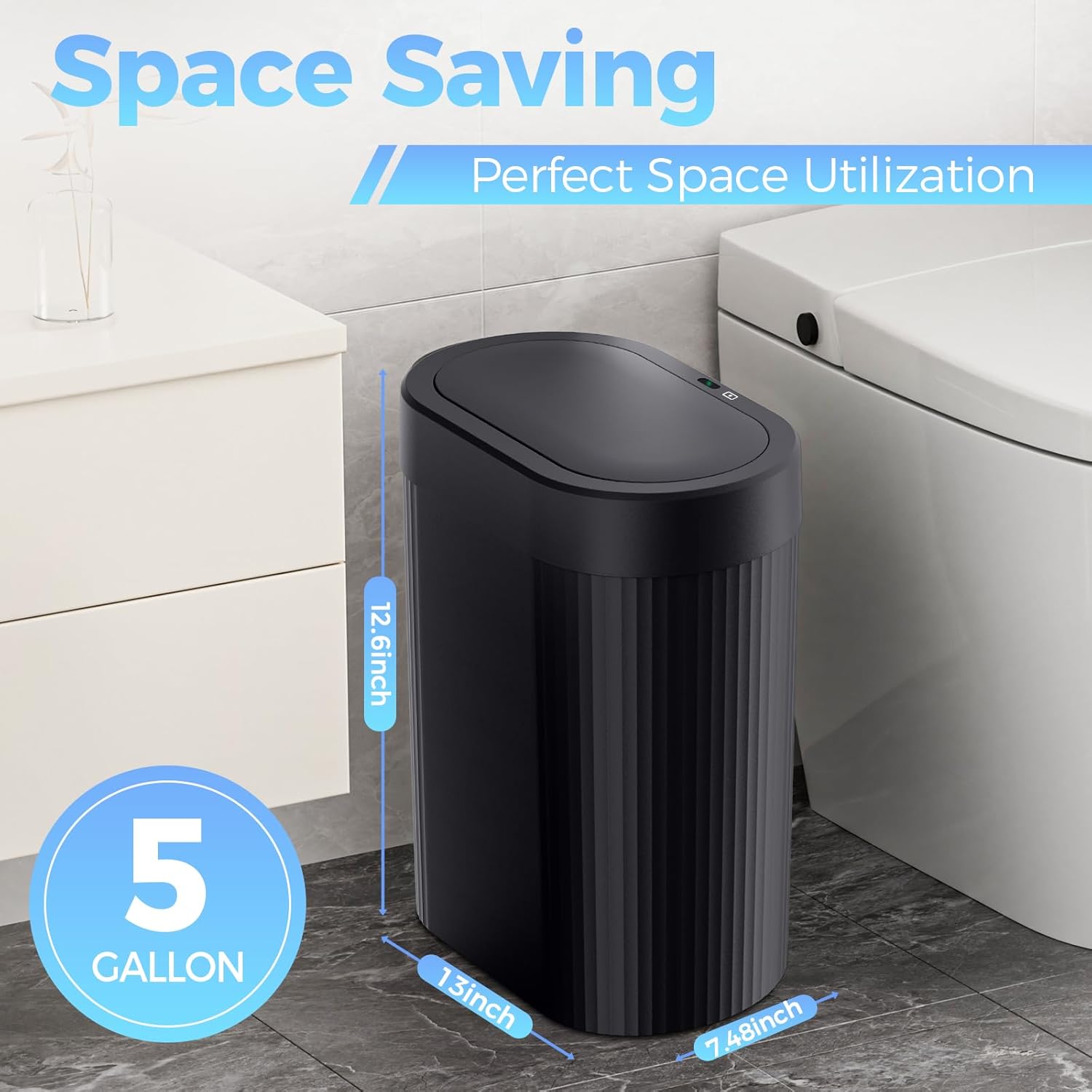 jinligogo 5 Gallon Bathroom Trash Can with Lid, Automatic Motion Sensor Black Trash Can, Touchless Slim Waterproof Garbage Bin for Kitchen, Bedroom, Office, and Bathroom