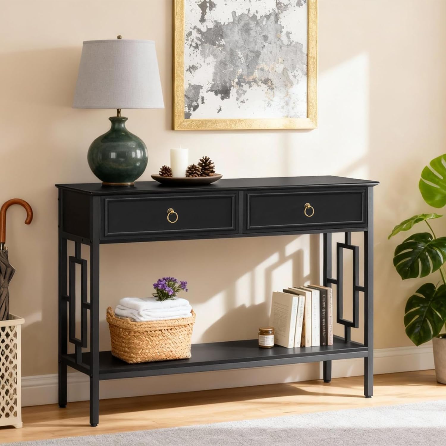 MAHANCRIS Console Table with 2 Drawers, Entryway Table with Storage Shelf, Entrance Accent Tables, 2-Tier Narrow Hallway Table, Behind Couch Table, for Entryway, Living Room, Hallway, Black CTBK6101