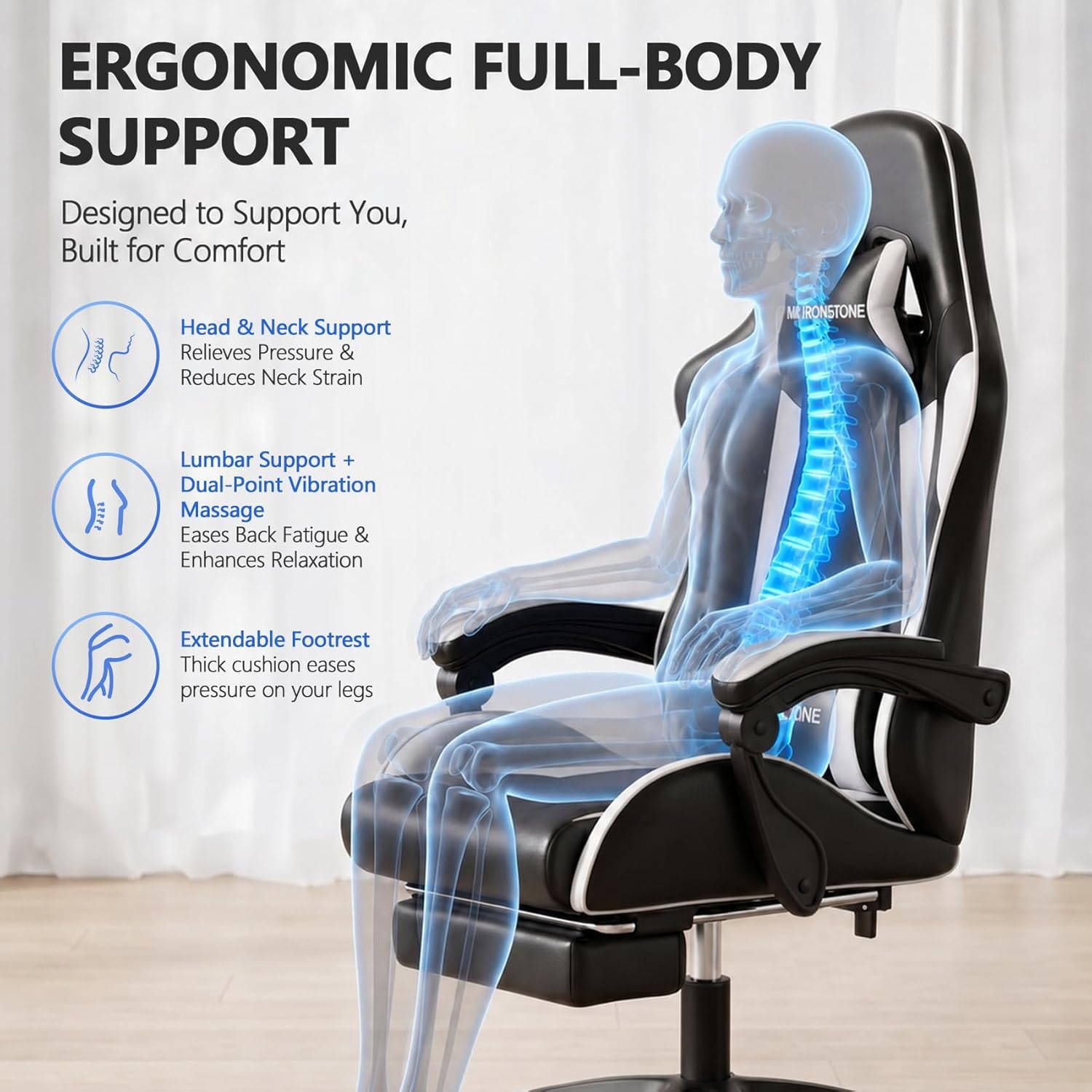 Mr IRONSTONE Gaming Chair with Footrest, Ergonomic Reclining Gamer Chair with Lumbar Support & Massage, High Back Racing Style Video Game Chair, Adjustable Headrest, Swivel Desk Chair, Black