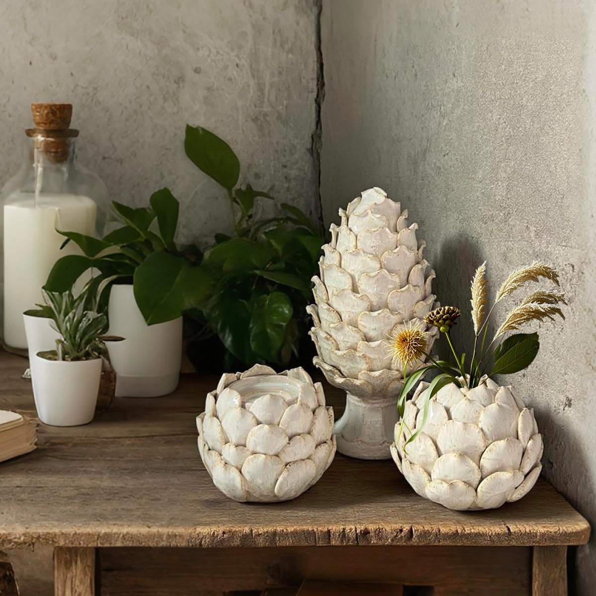 White Ceramic Artichoke Decorative Set, 3-Piece, Statue Ornament, Candle Holder, Vase for Home Decor