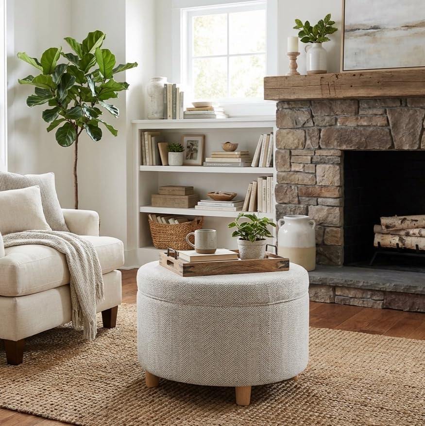 Homepop Home Decor | Upholstered Round Storage Ottoman | Ottoman with Storage for Living Room & Bedroom (Cream Chevron Woven) Large