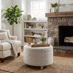 Homepop Home Decor | Upholstered Round Storage Ottoman | Ottoman with Storage for Living Room & Bedroom (Cream Chevron Woven) Large