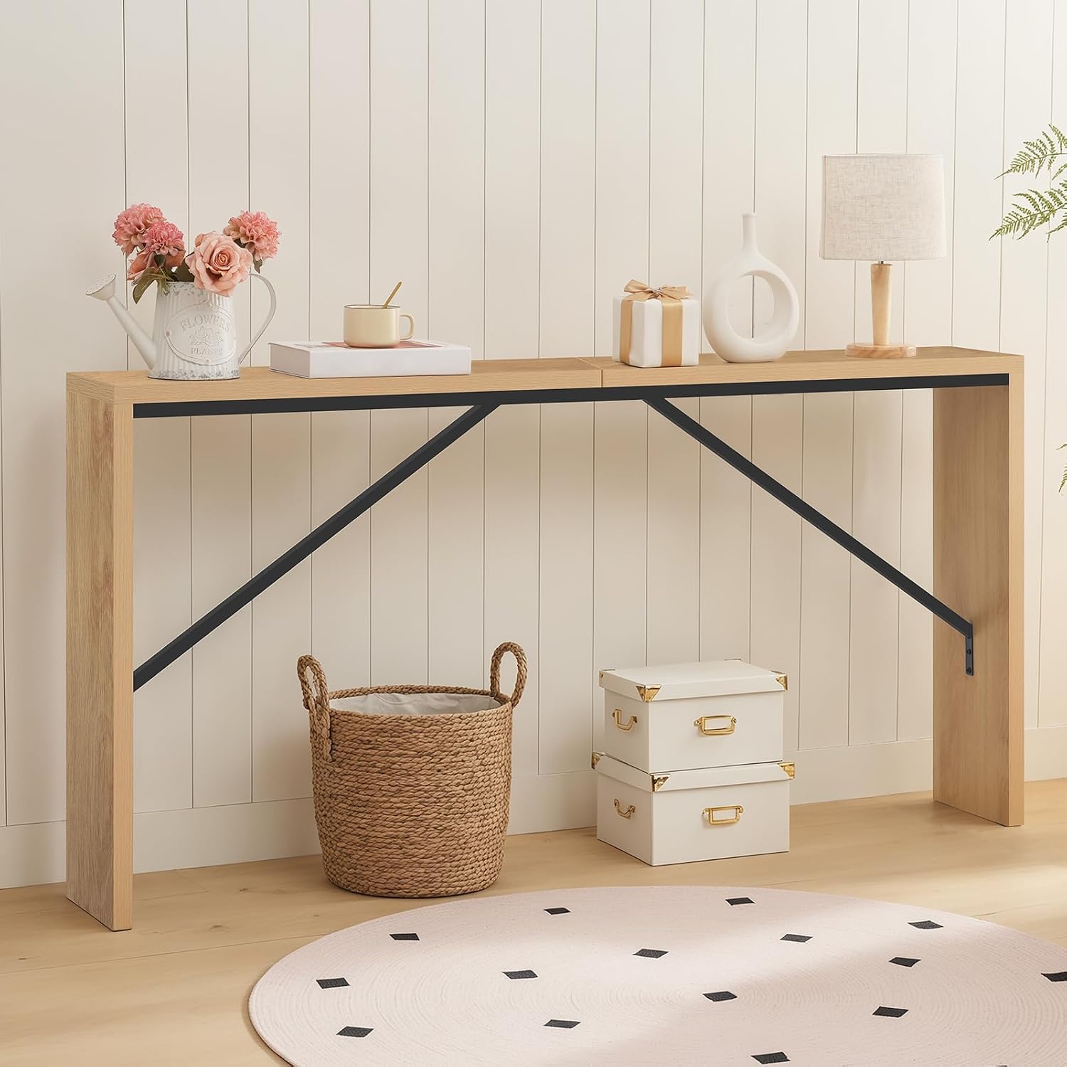 MAHANCRIS Console Table, 62.2" Long Sofa Table Behind Couch, Narrow Entryway Table, Farmhouse Dining Table with Angled Metal Frame, Industrial Console Table for Entryway, Natural CTNB15801