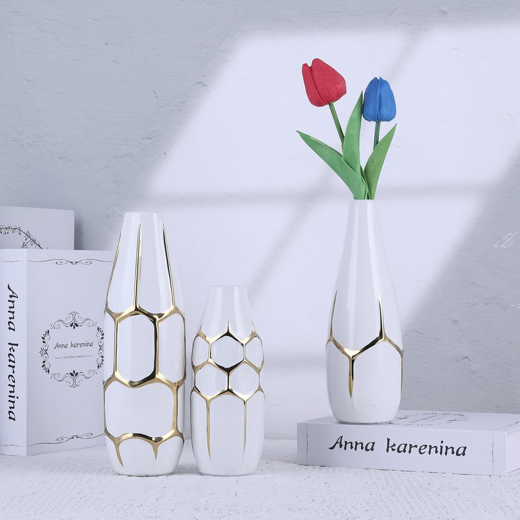Ceramic Geometric Decorative Vase Set of 3, White and Gold Vases, Modern Home Decor Vases, Suitable for Living Room, Kitchen, Bedroom, Bathroom, Entryway Mantel, and TV Console Decor.