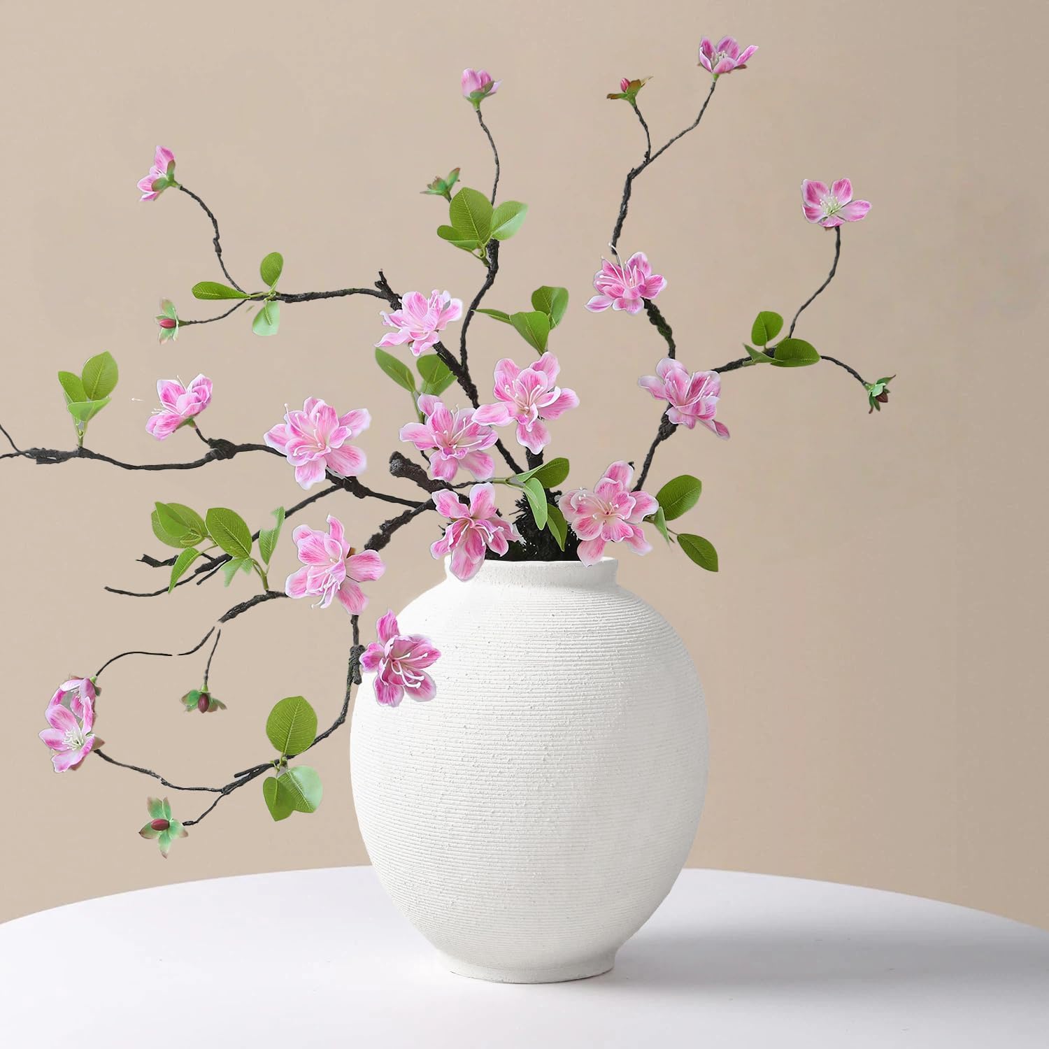 White Ceramic Vase, 9.8" Large, Round, Sandstone White | Farmhouse Style, Hand-Made Textured, Minimalist Design, Home Decor