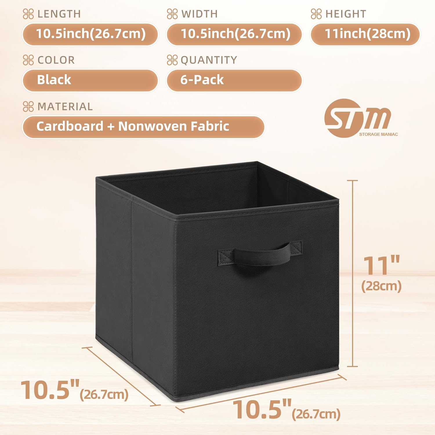 STORAGE MANIAC Storage Cubes, 11 Inch Durable 6 Pack Fabric Foldable Collapsible Bins with Handles for Organization, Closet, Shelves, Offices, Toys, Black