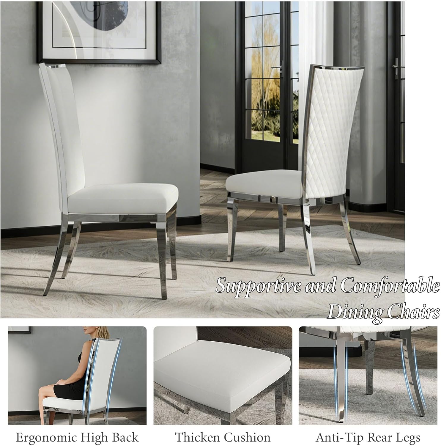 AUZ White and Silver Dining Chairs, Modern Velvet Upholstered Dining Room Chairs with High Back and Mirrored Metal Legs for Restaurant Kitchen, Set of 2