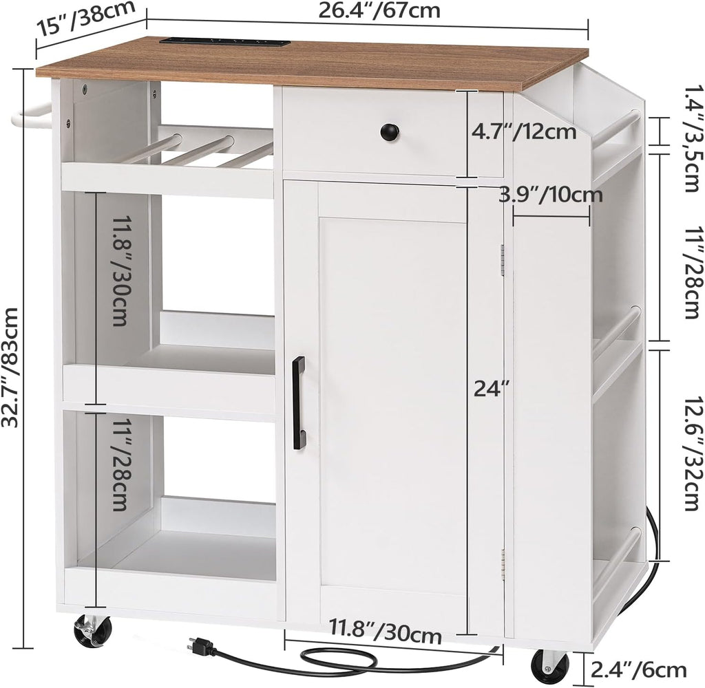 MAHANCRIS Kitchen Island with Power Outlet, Kitchen Storage Island with Drawer, Rolling Kitchen Cart on Wheels, Spice Rack, Towel Rack, Wine Rack, for Dining Room, White and Walnut KIBZ122E01