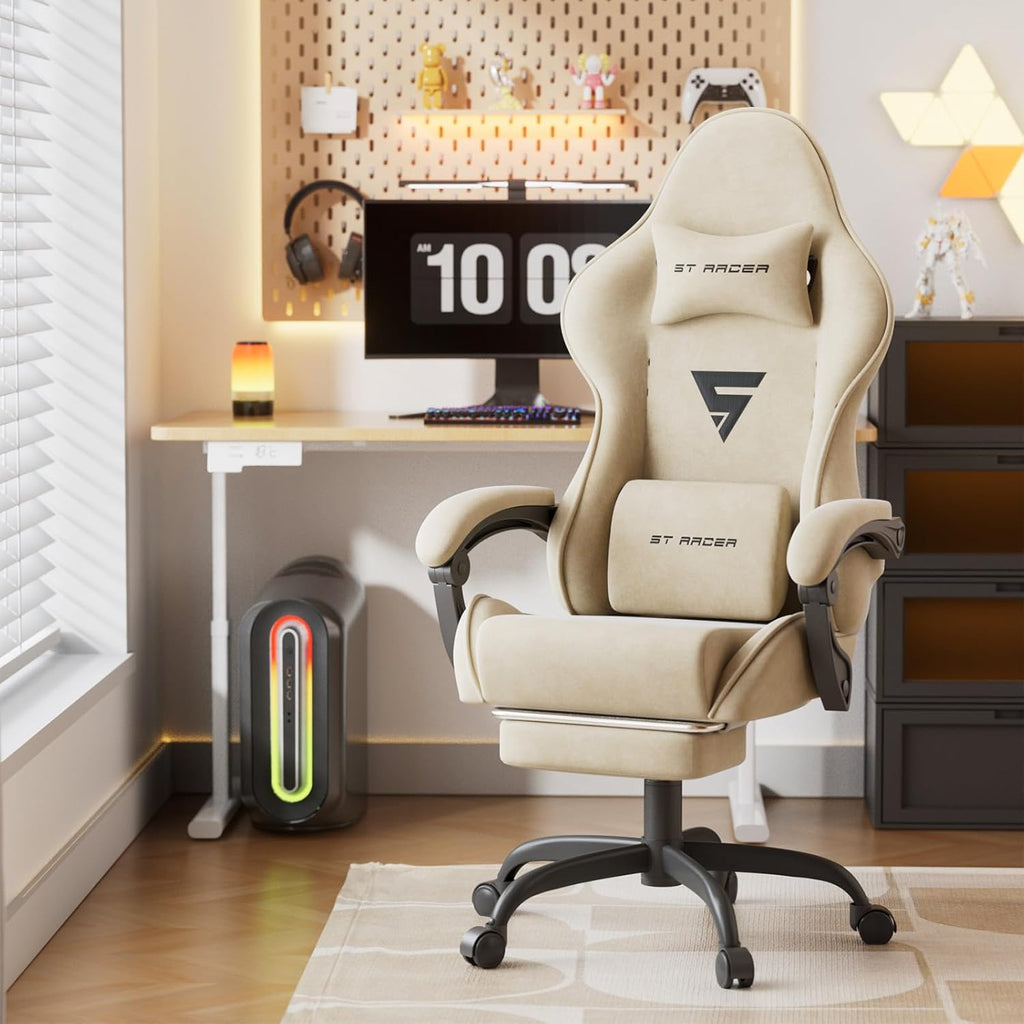 Gaming Chair Racing for Adult, Office Chair with Footrest Massage Lumbar Cushion, Velvet Fabric Reclining Video Game Chairs, Ergonomic Computer Chairs Height Adjustable, for Home Streaming, Beige