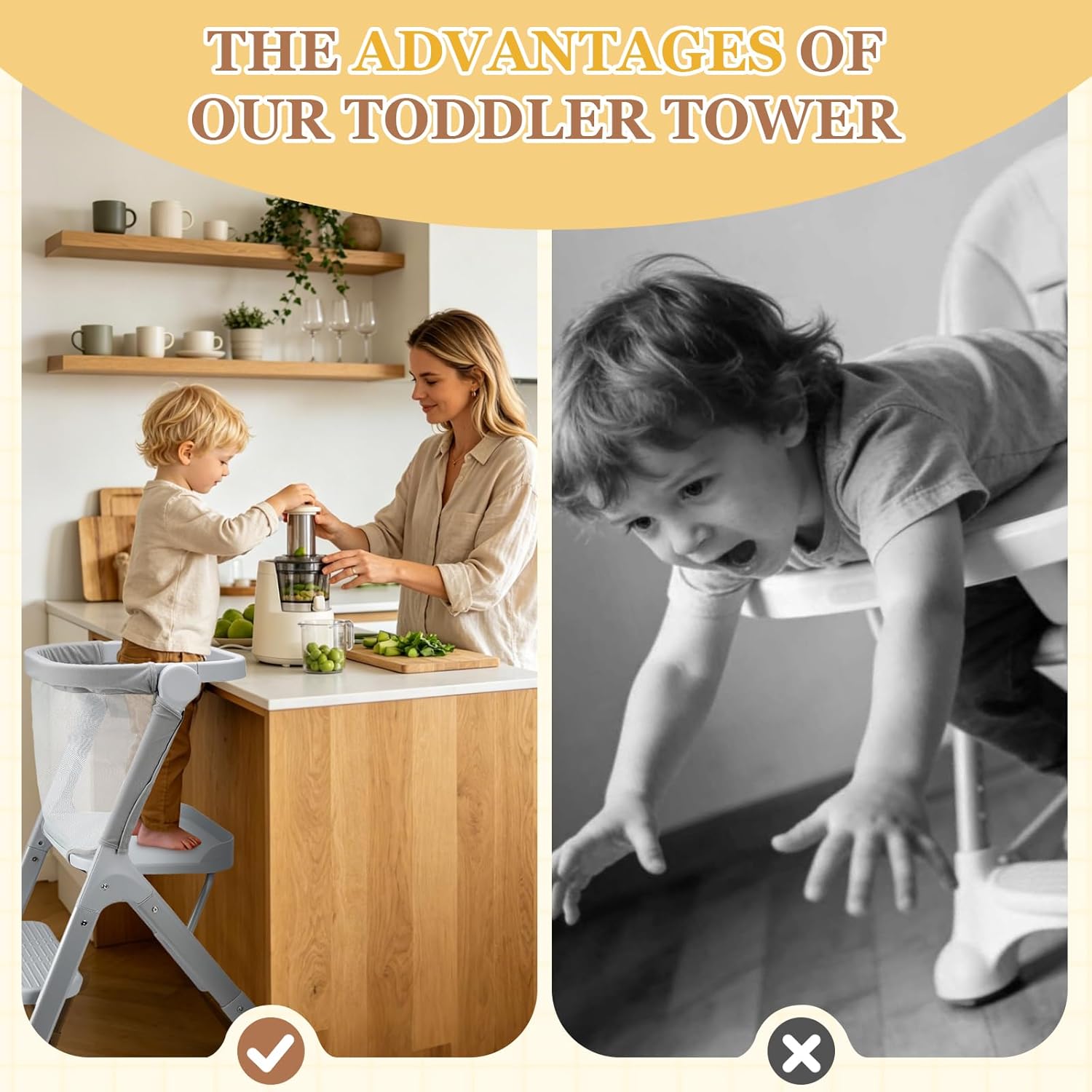 Toddler Tower with Safety Net, 2-Steps Step Stool Standing Tower with Anti-Drop Safty Railing for Kitchen Counter Bathroom Sink Learning, Kitchen Helper for Kids Ages 3 to 6 Years