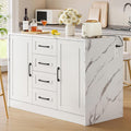 ONBRILL 47.3" Kitchen Island with 2 Storage Cabinets & 4 Drawers, Modern Imitation Marble Dining Table with Power Outlet, Island Bar Table for Kitchen, Dining Room, Living Room, White