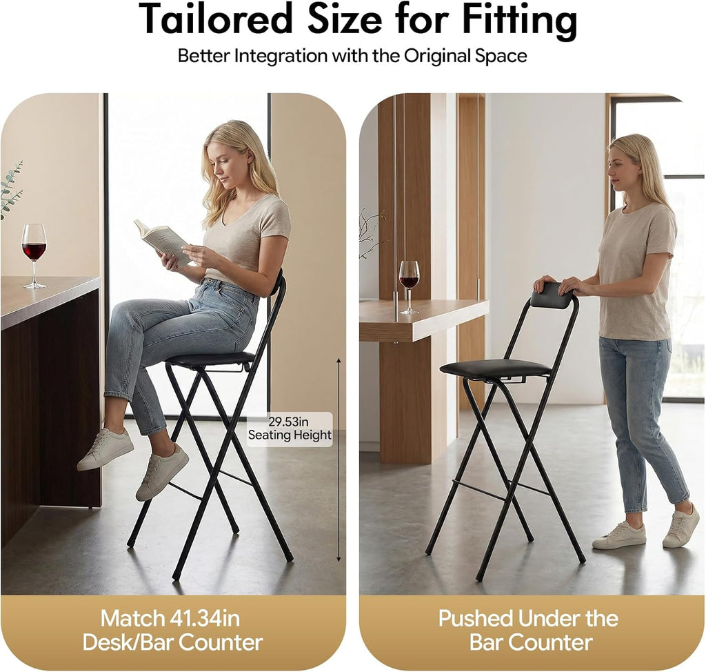 Foldable Bar Chair, 29.53" Tall Folding Chair Portable Stools with Backrest Cushioned Padded for Camping Kitchen Home Office, Load Capacity 275LBS (Black, 1PCS;29.53")