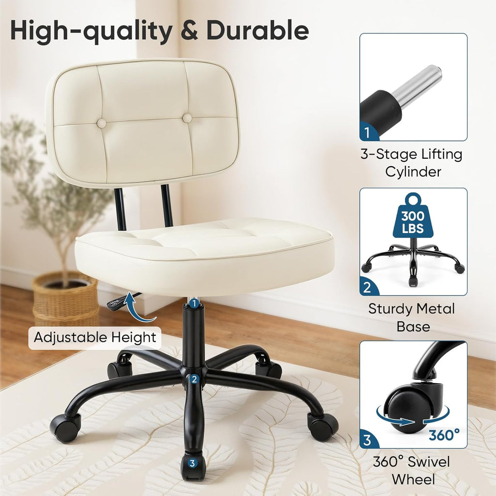 DUMOS Home Office Desk Chair - Ergonomic Armless PU Leather Computer Rolling Task Chair，with Comfy Lumbar Support and Height Adjustable, 360° Swivel, Vanity, Bedroom, Beige