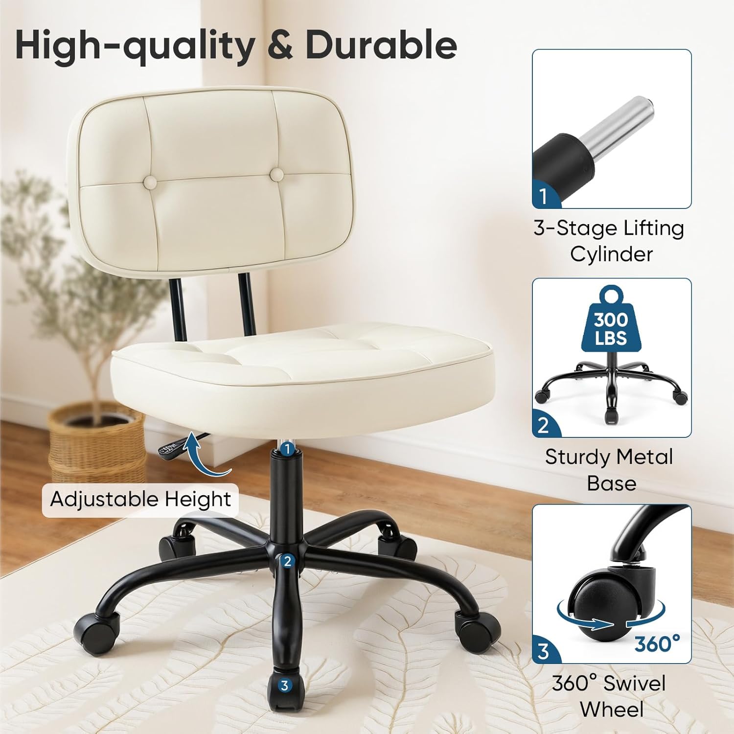 DUMOS Home Office Desk Chair - Ergonomic Armless PU Leather Computer Rolling Task Chair，with Comfy Lumbar Support and Height Adjustable, 360° Swivel, Vanity, Bedroom, Beige
