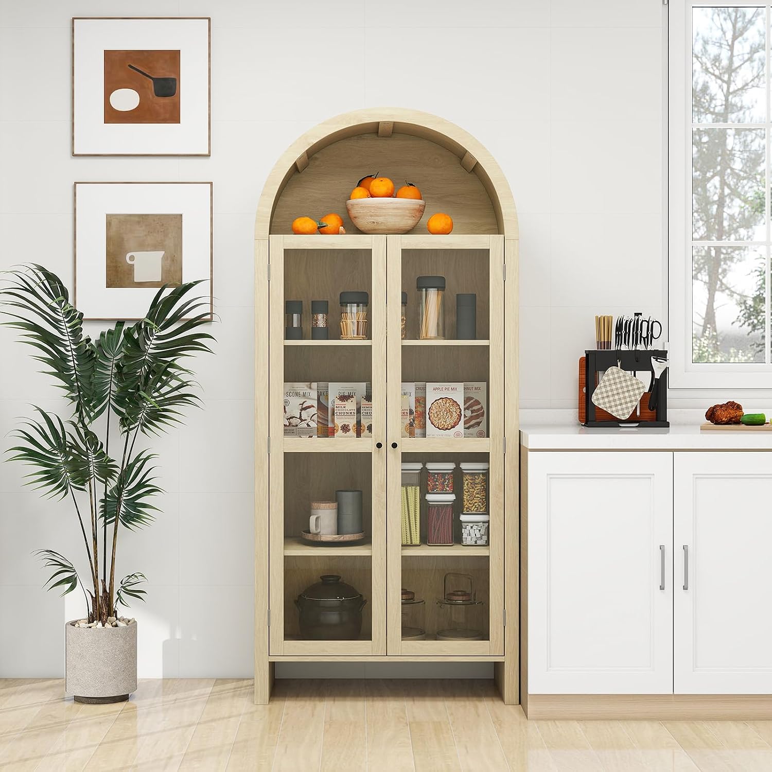 70.28 Inch High Arched Kitchen Pantry, Wooden Kitchen Storage Cabinet with Adjustable Shelves for Dining Room, Living Room, Entryway