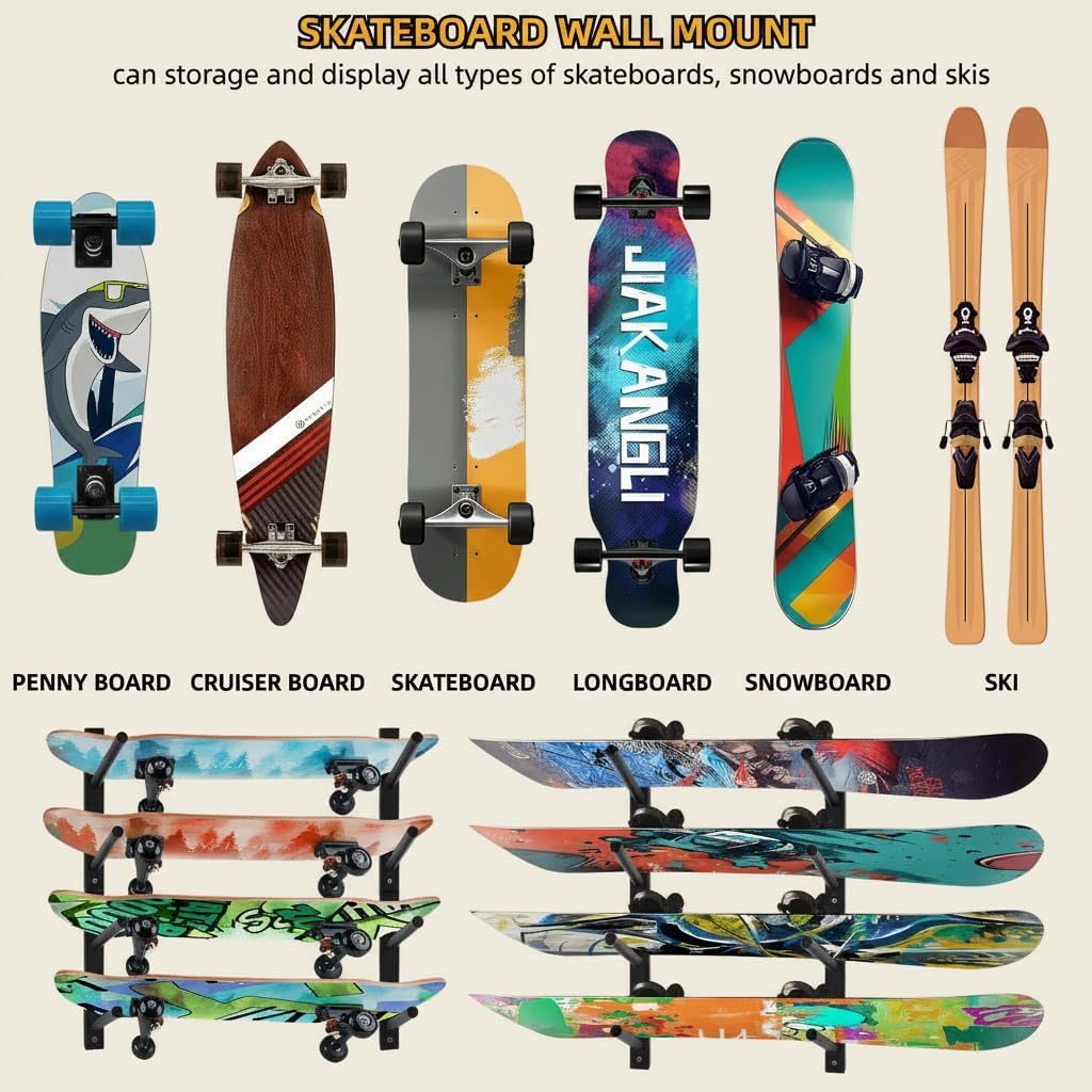 Bijun Skateboard Wall Mount | Horizontal Snowboard Wall Mount, Skateboard Storage Hanger for Garage, Bedroom, Home Display & Organization