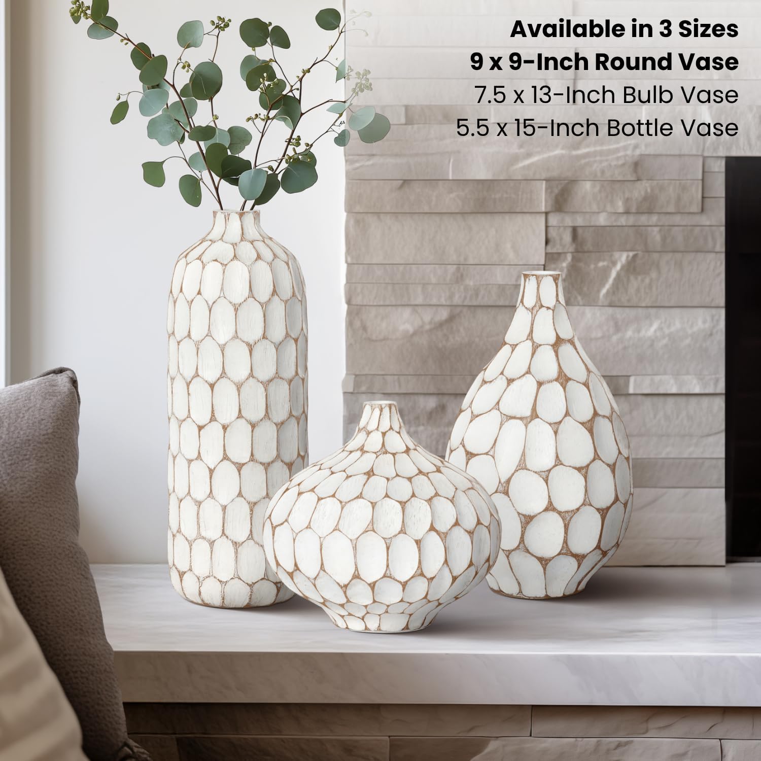 Torre & Tagus 9" Modern Rustic Textured Vase for Home Decor - Distressed Whitewash Farmhouse Terracotta Style Large Rustic Vase for Home Deco on Entryway Table, Fireplace or Wedding (Carved Divot)