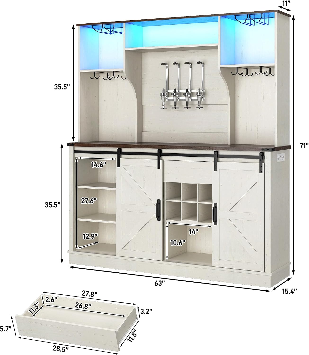 Farmhouse Coffee Bar Cabinet with LED Light, Charging Station & Sliding Barn Doors - 63"W x 71"H Large Wine Rack, Built-in Liquor Dispenser, Glass/Mug Holders for Kitchen, Living Room, Hallway
