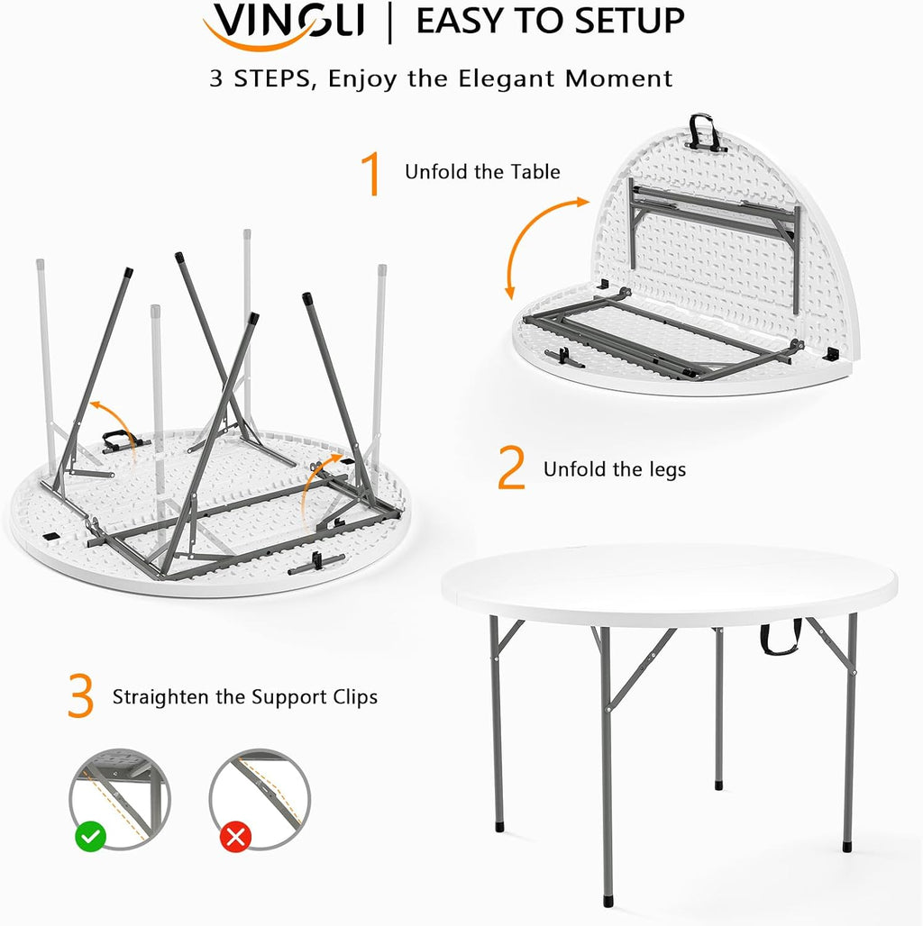 VINGLI White 48" Round Bi-Folding Commercial Table, 4 Feet Portable Plastic Dining Card Table for Kitchen or Outdoor Party Wedding Event, 1-Pack