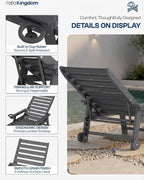 5-Position Adjustable Lounge Chair Outdoor, HDPE Outdoor Chaise Lounge with Cup Holder & Wheels, Pool Lounge Chairs for Poolside, Beach, Deck, Grey