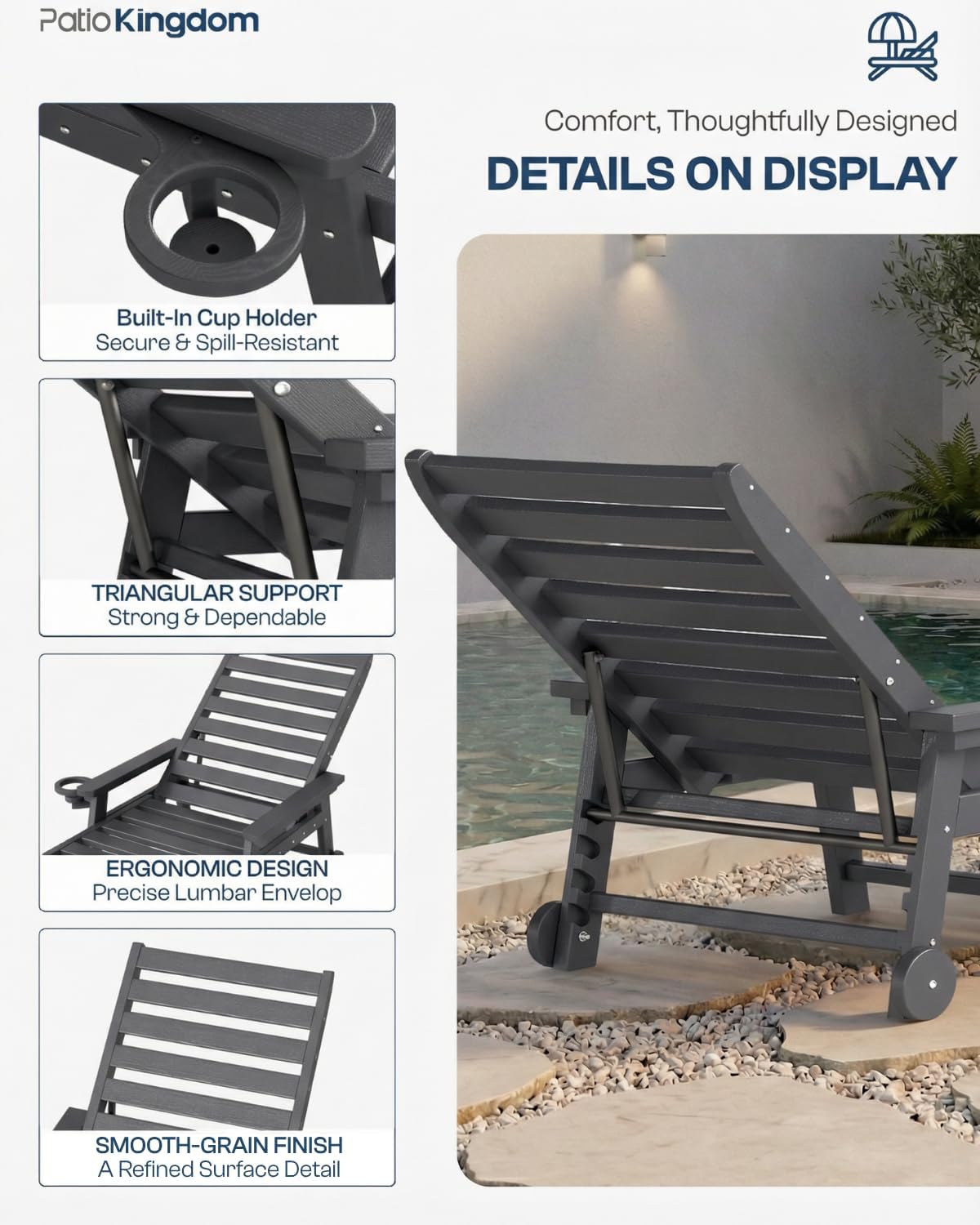 5-Position Adjustable Lounge Chair Outdoor, HDPE Outdoor Chaise Lounge with Cup Holder & Wheels, Pool Lounge Chairs for Poolside, Beach, Deck, Grey