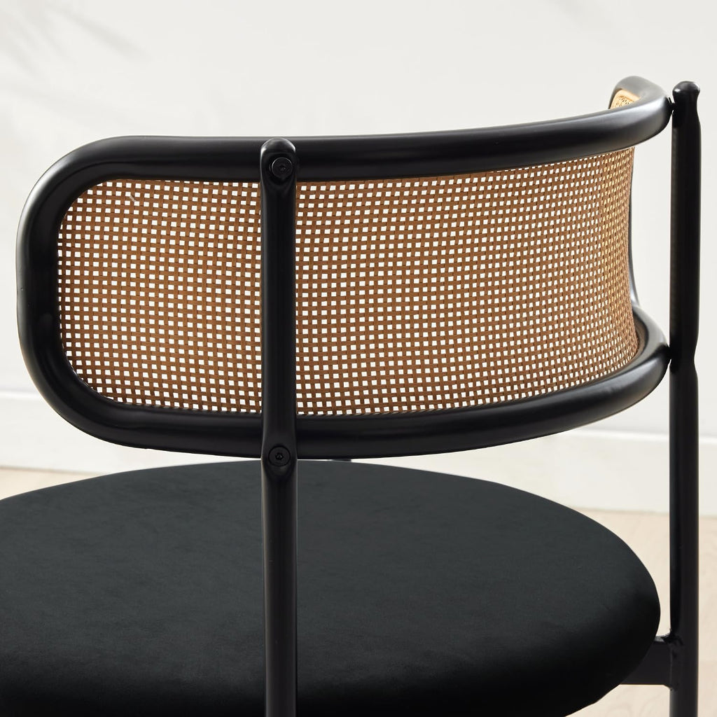 Rattan Dining Chairs Set of 2, Velvet Mid-Century Modern Upholstered Dining Chairs with Woven Cane Backrest, Black Kitchen Dining Room Chairs