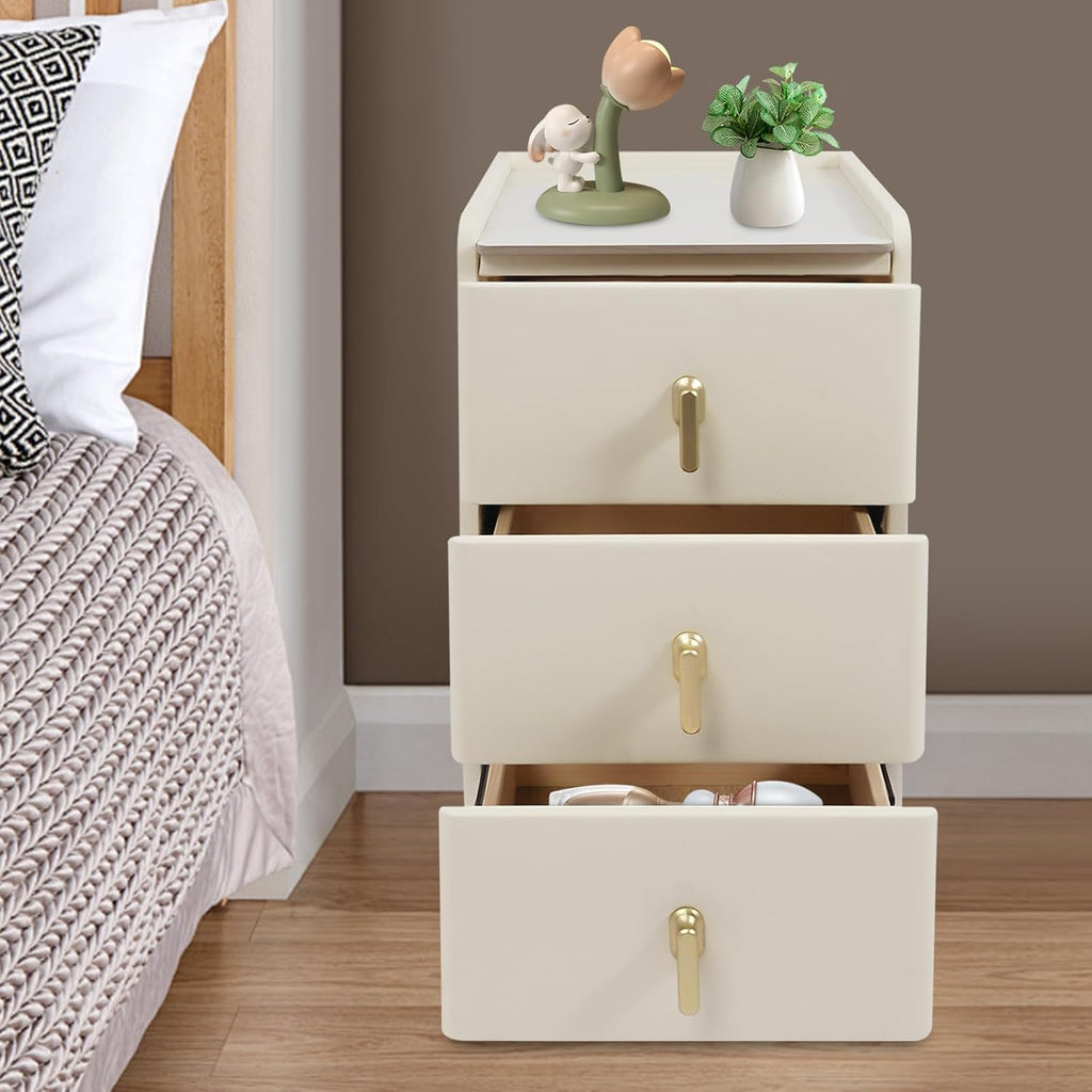 Narrow Nightstand with 3 Drawers, PU Bedside Cabinet, Simple Bedside Table Furniture, End Table with Metal Legs for Bedroom, Living Room (Cream White)