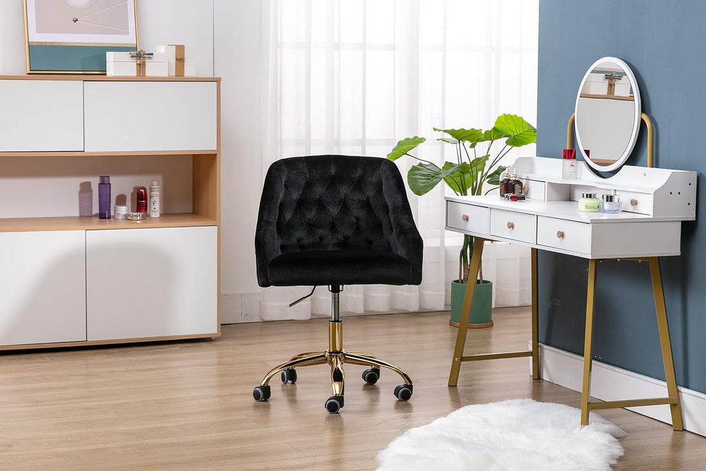 Comfy Home Office Task Chair with Wheels, Cute Modern Upholstered Velvet Seashell Back Adjustable Swivel Vanity Desk Chair, for Women, for Kids, for Girls, Living Room, Bedroom (Black)