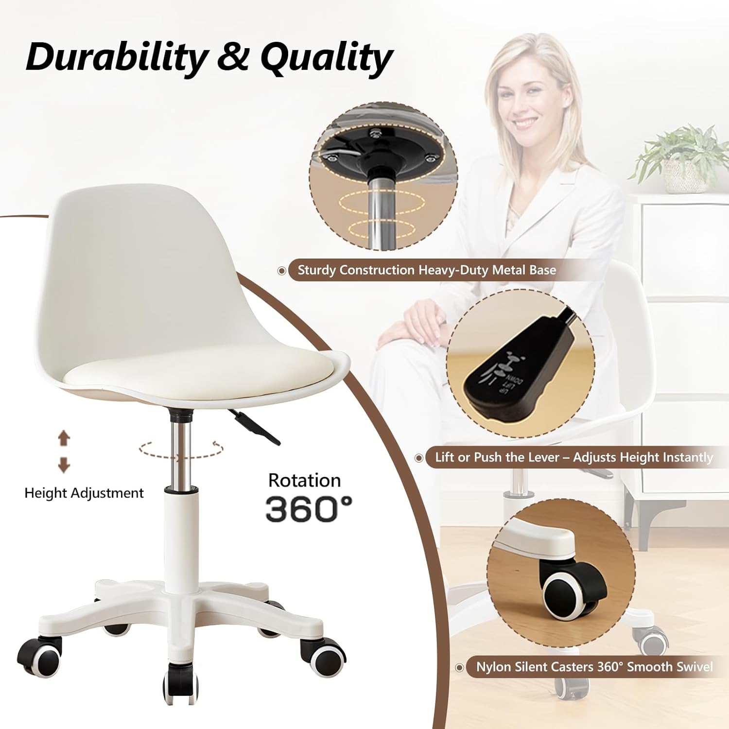 JPBSTO Small Desk Chair Cute, Swivel Armless Task Chair with Soft Padded Cushion, Height Adjustable Home Office Desk Chair with Back for Study Room, Vanity, Office Work, Bedroom