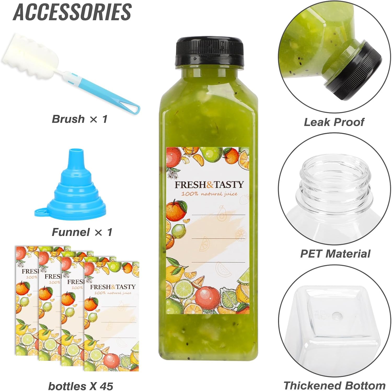 TOMNK 45pcs Juice Bottles with Lids, 16oz Reusable Plastic Juice Bottles with Caps and Labels, Funnel, Brush Beverage Containers for Juicing, Smoothies, Tea, Milk
