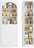 Cyclysio 80" Tall Pantry System with 3 Drawers, Arched Pantries with 9-Tier Open Shelves, Wooden Cupboard Storage Organizer with Baseboard Cutout for Living Room, Kitchen