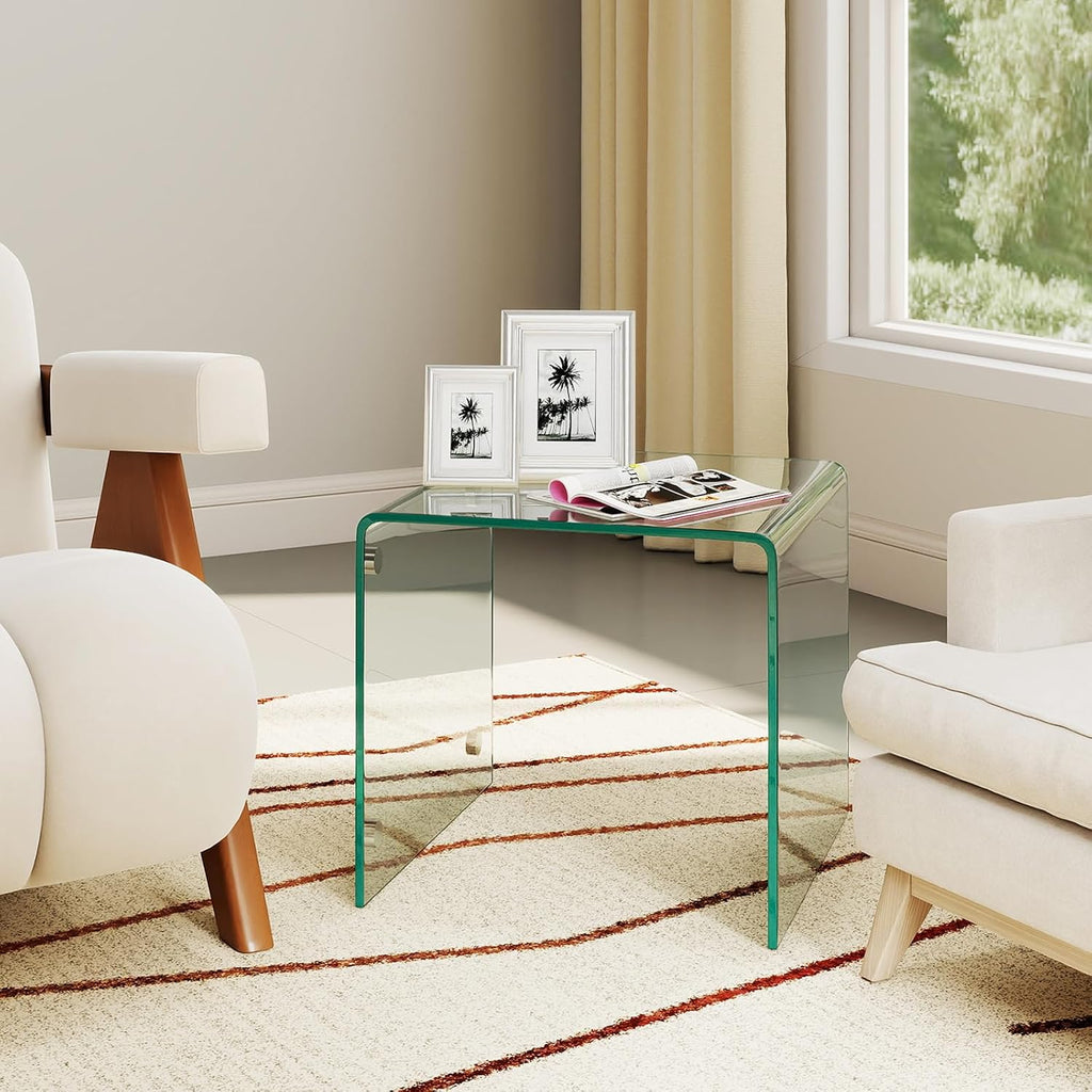 Tangkula Tempered Glass Side Table, Modern C-Shaped Bedside Table Nightstand with Storage Shelf, 4 Lockable Universal Wheels, Rolling Sofa End Table for Living Room Bedroom Office (1, Transparent)