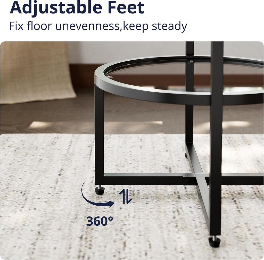 Cozy Castle End Tables Set of 2 for Living Room, Round Tempered Glass Side Tables with 2-Tier Storage Shelf, Modern Metal End Table for Couch, Bedroom, Apartment, Black