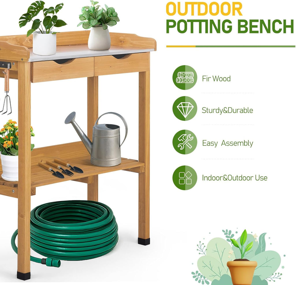 Outvita Outdoor Garden Potting Bench Table Work Bench with 2 Drawer, Storage Shelf, Metal Tabletop, 3 Hooks for Horticulture, Natural Wood