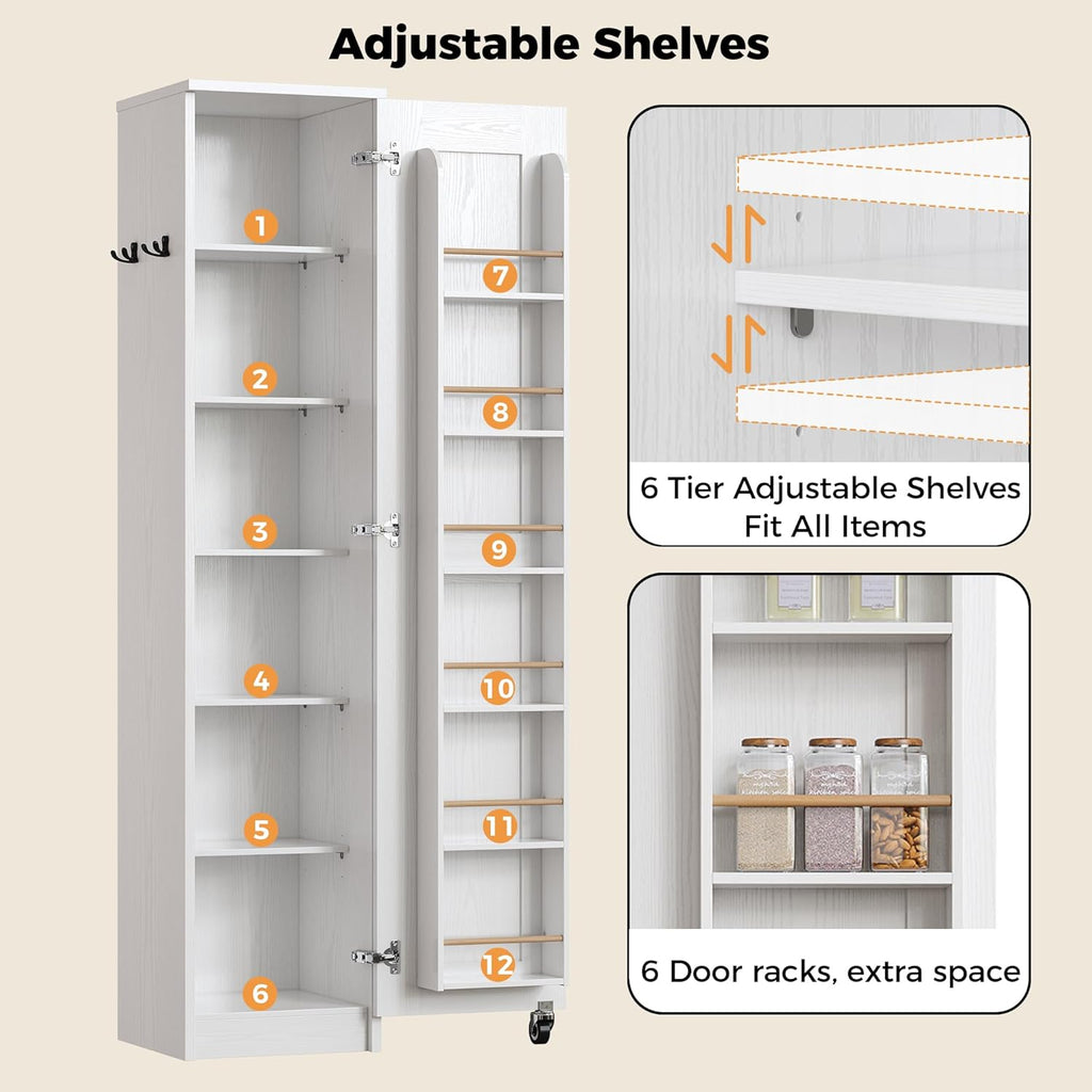 IRONCK Narrow Kitchen Pantry Storage Cabinet, 72" Slim Single Door with 6 Adjustable Shelves, Door Rack and Wheels, Space Saving Freestanding Storage Floor Cabinet for Small Place, White