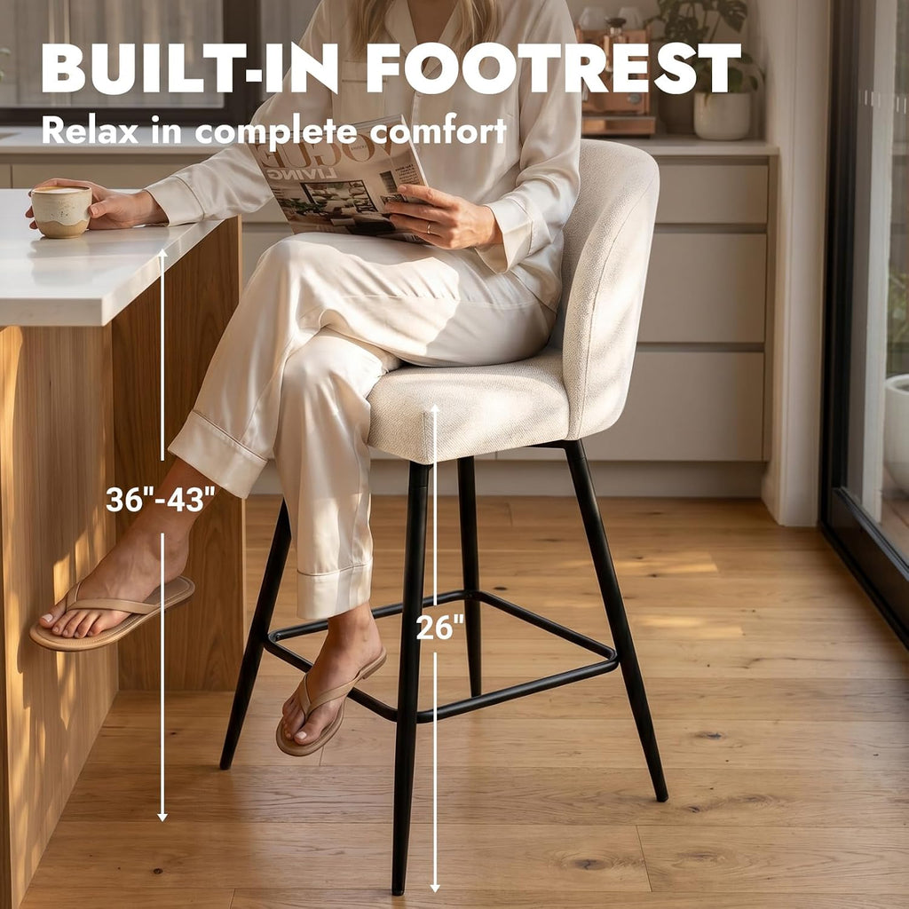 Counter Height Bar Stools Set of 2, 360° Swivel Upholstered Barstools with Backs and Metal Legs, 26" H Seat Height, Linen Fabric in Beige