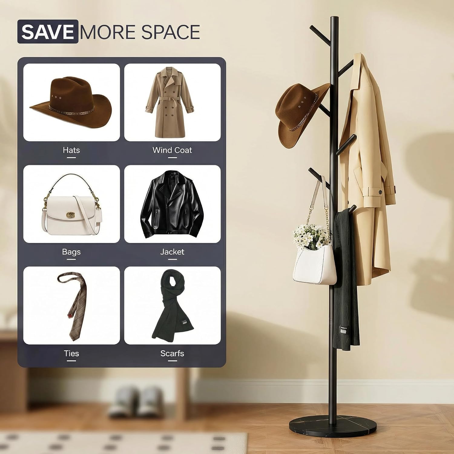 Coat Rack Freestanding with 7 Hooks Modern Hall Tree 3 Adjustable Height | Heavy Duty Metal Clothes Hook Stand with Base for Entryway Bedroom Office for Coats Hats Bags and Purses, Black