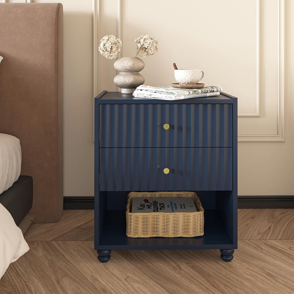 22 inch Tall Blue Nightstand Set of 2, Fluted Bedside Table with 2 Drawers and Open Shelf, Small End Table with Gold Handle for Bedroom (2, Blue)