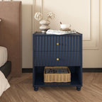 22 inch Tall Blue Nightstand Set of 2, Fluted Bedside Table with 2 Drawers and Open Shelf, Small End Table with Gold Handle for Bedroom (2, Blue)