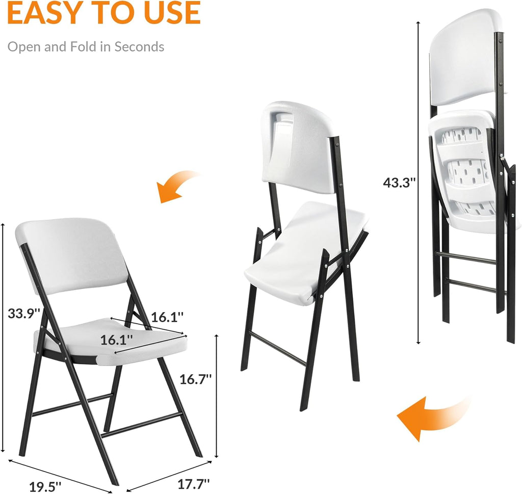 Elevon Folding Chairs Heavy Duty Plastic Chairs with 350-Pound Capacity for Home Office Camping Kitchen Dining Wedding Party Event Picnic, White, 2-Pack