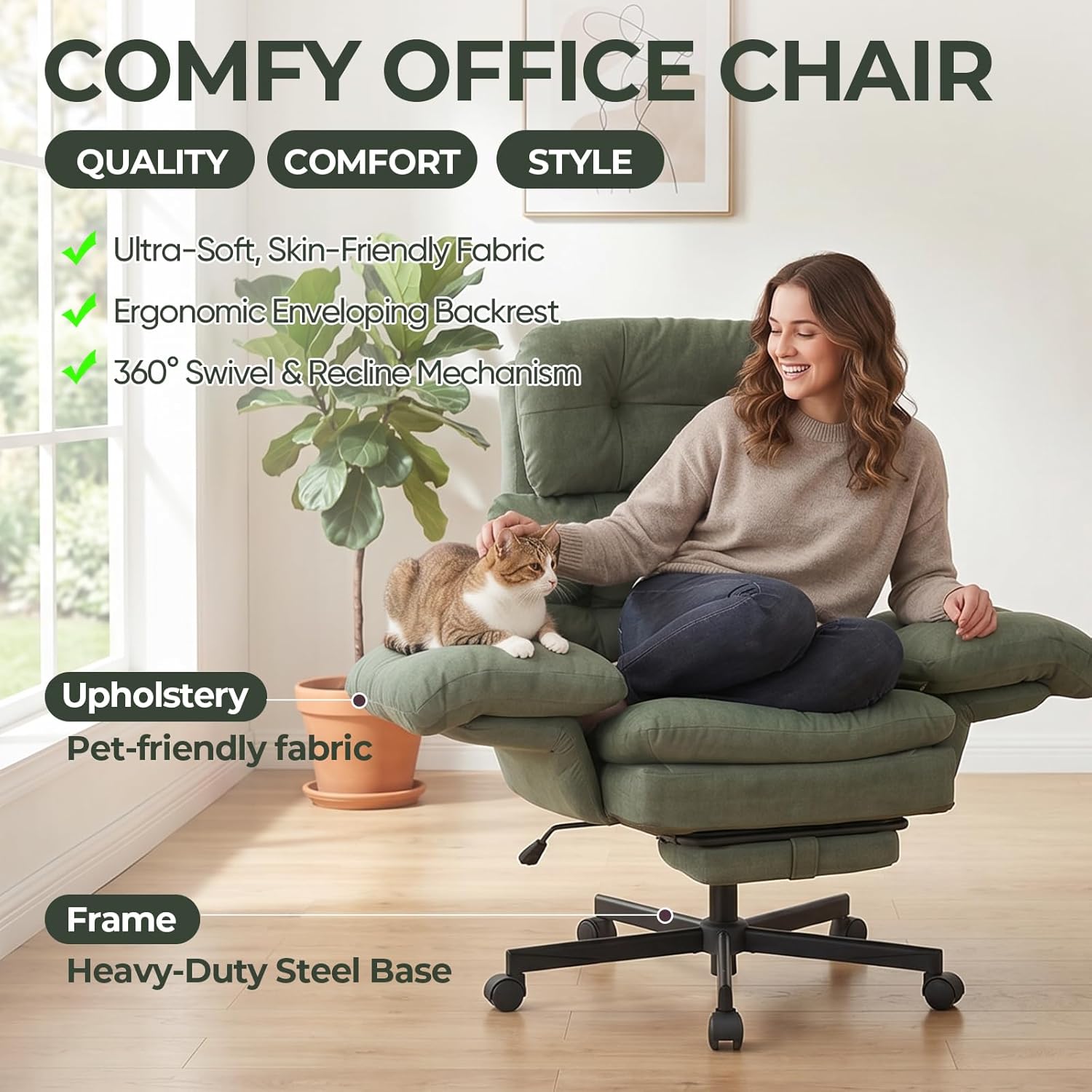 Criss Cross Office Chair with Foot Rest, Big and Tall Office Desk Chair with Flip Armrests for Pets & Cross Legged Sitting, Comfy Executive Ergonomic Reclining Computer Gaming Vanity Chair, Green