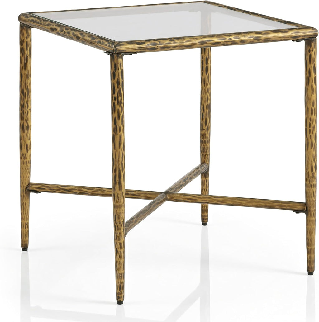 24/7 Shop at Home Lalia Modern Metal 18-inch Square Side Table with Forged Metal Base, Tempered Glass Top, Matte Gold