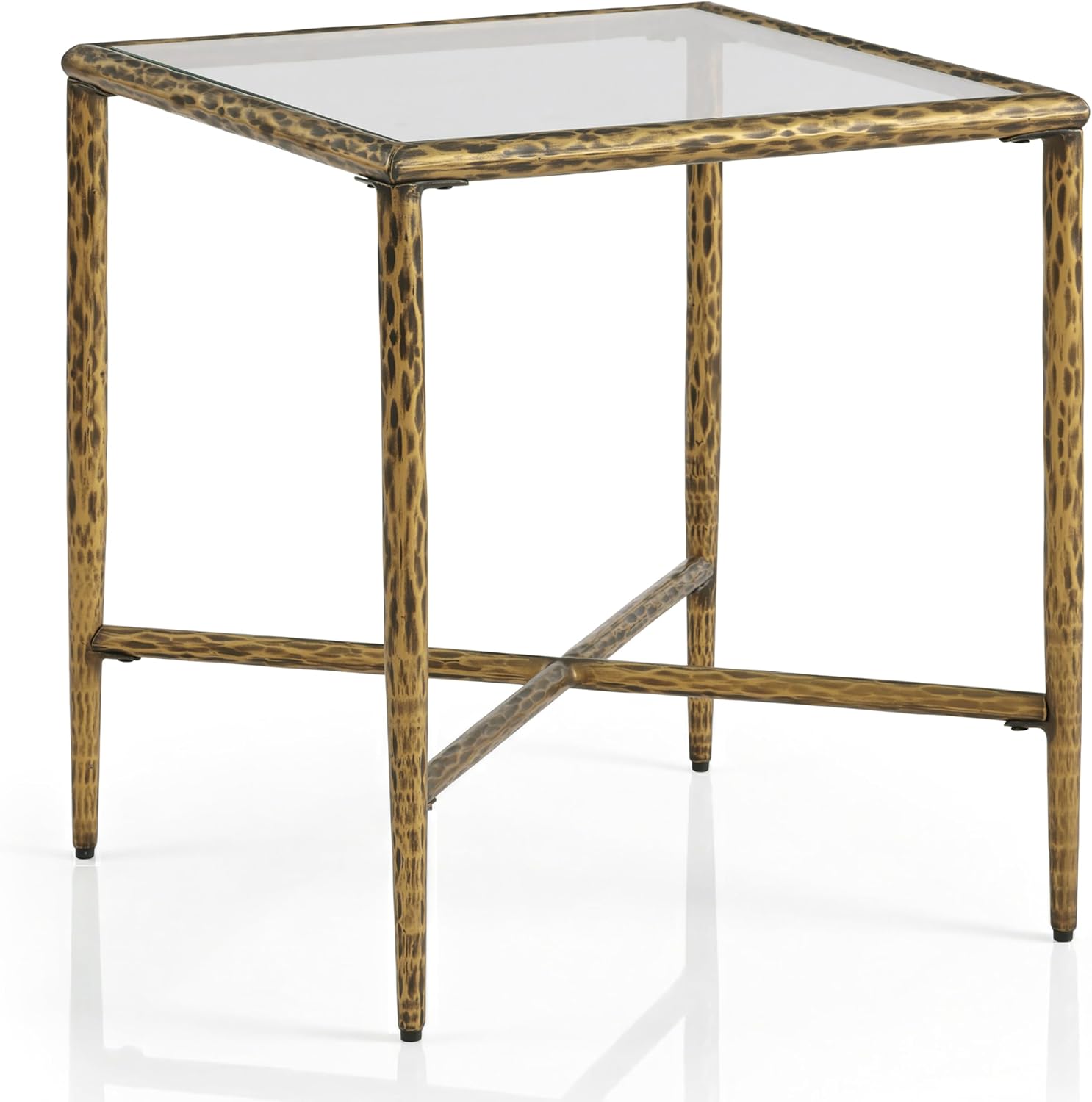 24/7 Shop at Home Lalia Modern Metal 18-inch Square Side Table with Forged Metal Base, Tempered Glass Top, Matte Gold