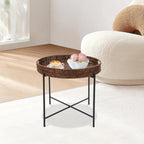Retro Foldable Imitation Rattan Round Coffee Table, Imitation Wicker Wooden End Table with Removable Tray and 10lbs Load Capacity, for Living Room, Bedroom, Office, Bathroom, Bar, Balcony