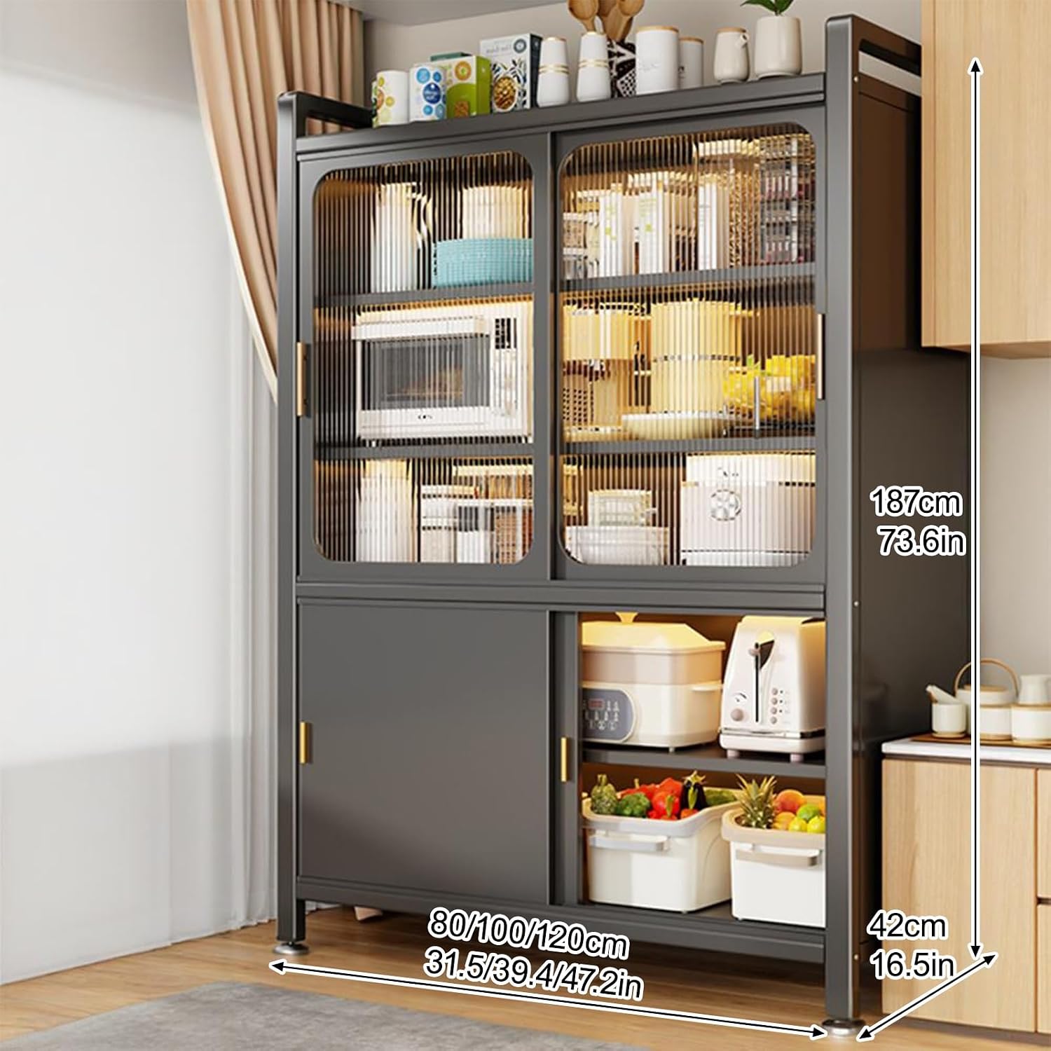 Kitchen Pantry Cabinet with Adjustable Shelves and Doors, Tall Storage Cabinet, Freestanding Kitchen Cupboard, for Bedroom, Dining Room, Office(Gray,187x80cm/73.6x31.5in)