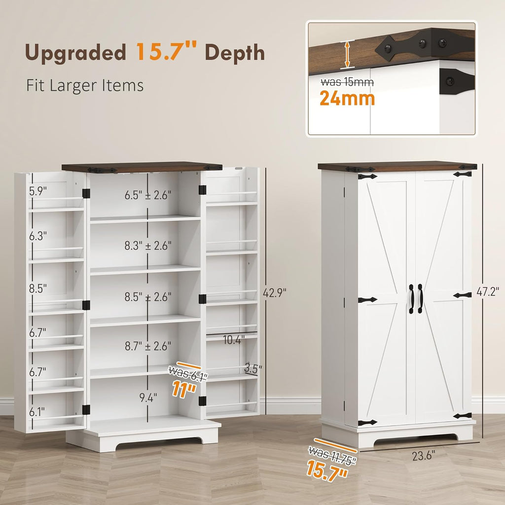 HOMCOM 47" LED Kitchen Pantry Cabinet, Farmhouse Storage Cabinet with 5 Deep Shelves and 12 Door Shelves, Freestanding Food Pantry with Barn Door, White