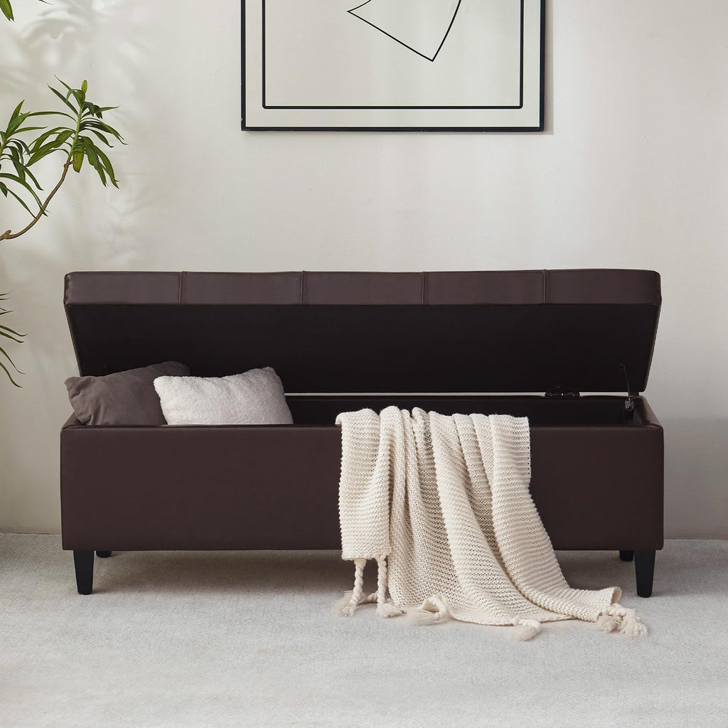 50.5 Inch Storage Ottoman Bench, Faux Leather Tufted Upholstered Bedroom Bench with Safety Hinges, Supports 300 lbs, Large Storage Bench for Living Room, Entryway (Brown)