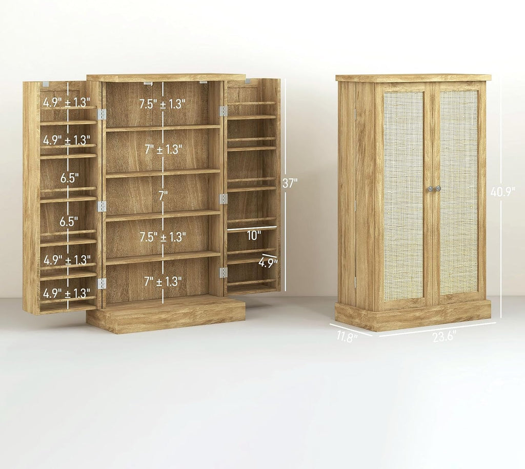 Pantry Storage Cabinet, 41" Kitchen Freestanding Kitchen Cabinet with 12 Door Shelves, Double Doors, 5-Tier Shelving and Adjustable Shelves, Natural