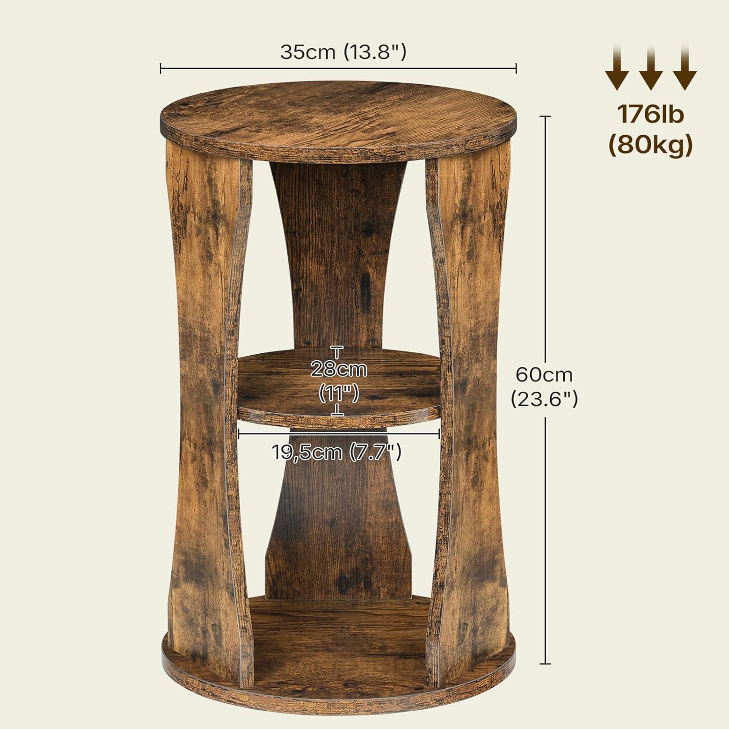YATINEY Round Side Table, 3-Tier Wooden End Table with Storage Shelves, Accent Table for Small Spaces, Nightstand for Living Room, Bedroom, Rustic Brown ET15BR