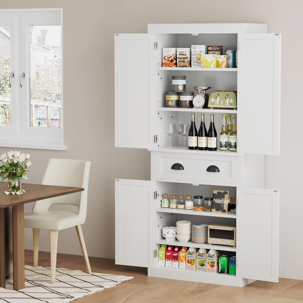 Flamaker 72" Kitchen Pantry Cabinet, Tall Pantry Storage Cabinet with Drawer and 4 Adjustable Shelves, Freestanding Pantry Cupboard Cabinet for Kitchen, Dining Room and Living Room (White)
